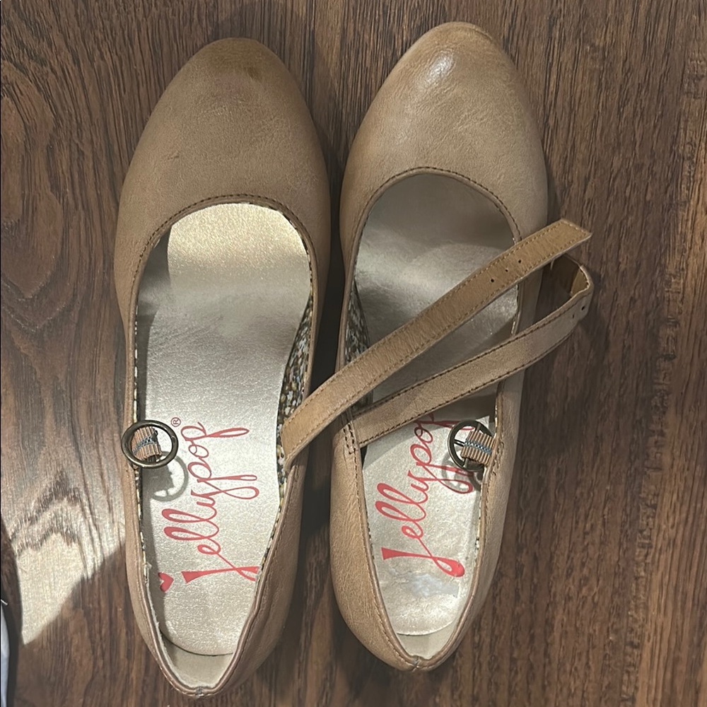 Jellypop Tan Flats with Ankle Strap and Rounded Toe